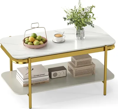 Produktbild von COSTWAY Couchtisch Marmor, Wohnzimmertisch mit 2 Ebenen & Metallrahmen, Sofatisch rechteckig, Kaffeetisch für Wohnzimmer und Büro, 90x50x45,5 cm, Weiß