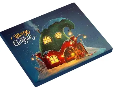 Quadratischer Weihnachtsadventskalender mit einer verspielten Hausillustration in Grün und Rot, Schnee und dem Text "Merry Christmas"