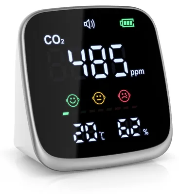 Produktbild von Brandson CO2-Messgerät mit LED-Farbdisplay, 400 bis 5000 ppm, Temperatur, Luftfeuchtigkeit, einstellbarer Alarm, Akku 1600 mAh, USB-C, mobiler CO2-Monitor, 1 Stück, weiß