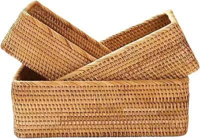 Obrázek produktu pro Úložný košík z ratanu, přírodní pletený úložný box, dekorativní pletený košík do kuchyně, koupelny (obdélníkový, 3 kusy)