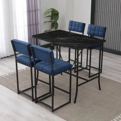 Produktbild von Skye Decor, Retro - Navy Blue, Black, Bartisch- und Hocker-Set (5-teilig), Marineblau, 100% Leinen, 110 x 70 x 92 cm