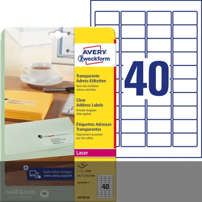 Image de Avery Zweckform L4770-25 Étiquettes d'adresse, 45,7 x 25,4 mm, 25 feuilles/1 000 étiquettes, transparent