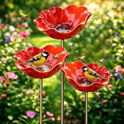 Produktbild von Vogeltränke Blume Metall 3 Stück Rot Winterfest Futterstation Gartenstecker