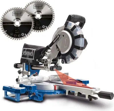 A miter saw with two saw blades is displayed against a white background. A red laser line is projected onto the saw's cutting area, indicating its functionality.