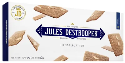 Zdjęcie produktu dla Jules Destrooper płatki migdałowe Belgijskie ciasteczka maślane z migdałami 100g