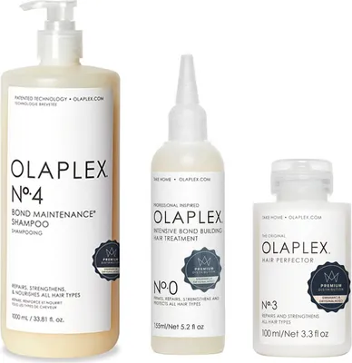 Zdjęcie produktu dla Olaplex | Zestaw do pielęgnacji włosów – szampon nr 4 1000 ml + perfektor nr 3 100 ml + kuracja nr 0 155 ml – regeneracja, nawilżenie, ochrona