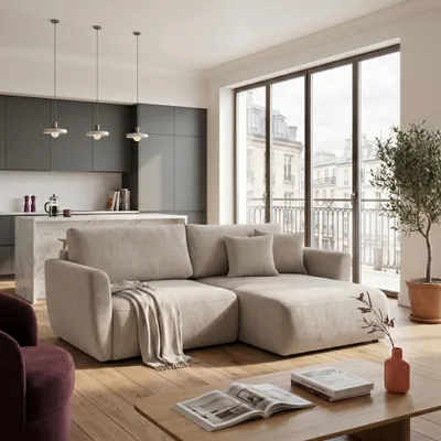 Produktbild von MUFFO Ecksofa BELLA L Rechts mit Schlaffunktion 140x205 Velours Beige