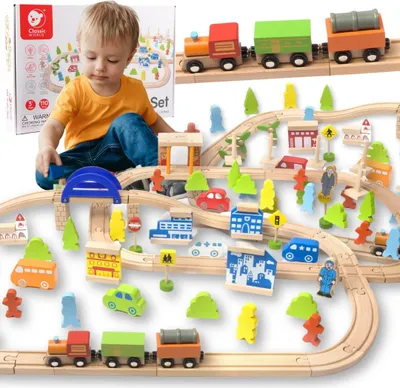 Immagine prodotto di Set MONDO CLASSICO Binario ferroviario Treno in legno + figure 110 pezzi.