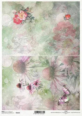 Produktbild von ITD Reispapier Decoupage Bastelpapier Serviettentechnik-R2252 Marienkäfer Schmetterling Blumen