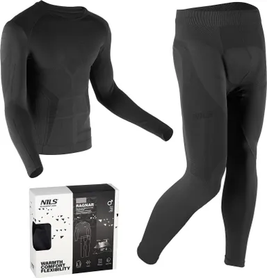 A black thermal underwear set for men, including a long-sleeved top and pants, displayed with its packaging.
