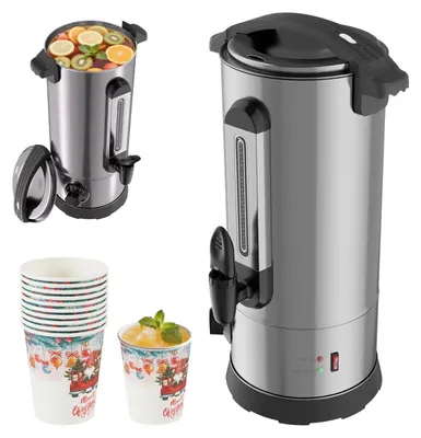 Zdjęcie produktu dla Czajnik do grzanego wina Bettizia 10L stal nierdzewna W zestawie 10x kubków Czajnik do grzanego wina z termostatem Grzaniec do wina Czajnik Dozownik gorącej wody Wskaźnik poziomu bojlera