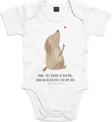 Produktbild von Mr. & Mrs. Panda Strampler Baby Hund Liebe 12. - 18. Monat - Heather Grey - Geschenk, Hunde, Kurzarmbody, Sprüche, strampelanzug, Babybody, overall, Herz