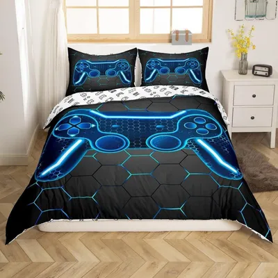 Productafbeelding van Beddengoedset 200x200 cm, gaming design, blauw en zwart, met 2 kussenslopen, microvezel