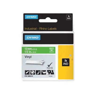 Produktbild von DYMO Rhino Vinylband 12mm x 5,5m weiss auf grün