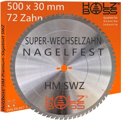 Produktbild von Holzboss ® HM-Sägeblatt 500 x 30 mm - nagelfest SWZ 72 x Zahn - Super-Wechselzahn WZ Kreissägeblatt Profisägeblatt 500x30 Baukreissägeblatt HW Widea