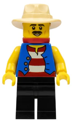 Image de Minifigurine LEGO représentant un gondolier, avec une chemise rayée rouge et blanche et un gilet bleu (référence : bdp043)