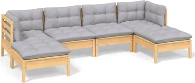A modular outdoor sofa set with light wood frame and gray cushions, shown against a white background.