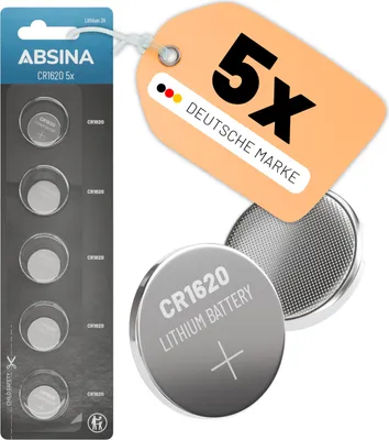 Produktbild von ABSINA CR1620 3V Lithium Knopfzelle 5er Pack - CR 1620 Knopfbatterie auslaufsicher & lange Haltbarkeit - 1620 Knopfzelle