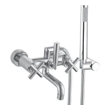 A chrome-finished bathtub faucet with a handheld shower head, shown against a white background.