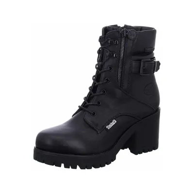 A black leather boot on a white background.