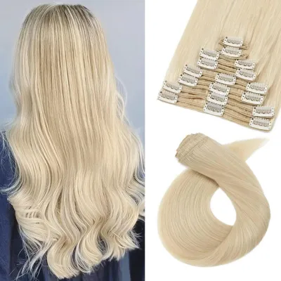 Image de Extensions à clipser, cheveux naturels blonds, 55 cm, qualité Remy, 160g, 8 mèches, blond platine