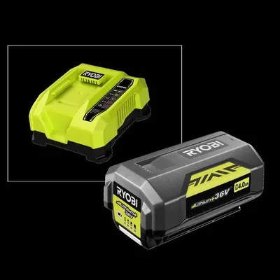 A product shot of a Ryobi battery charger and a Ryobi battery on a black background.