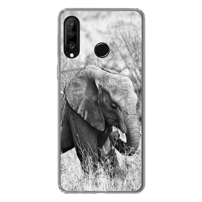 Produktbild von MuchoWow® Handyhülle Schutzhülle Hülle für Huawei P30 Lite Elefant - Tiere - Gras - Schwarz und weiß Silikon Softcase Handy Hülle - Handyhülle