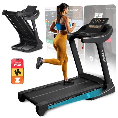 A woman is running on a treadmill, with a phone app and another treadmill shown in the background.