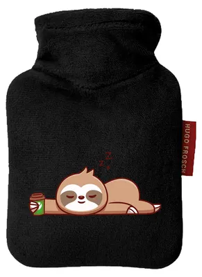 Produktbild von Huuraa Mini-Wärmflasche schlafendes Faultier Comic 0,2 Liter Black Mini Veloursbezug Taschenwärmer Geschenkidee