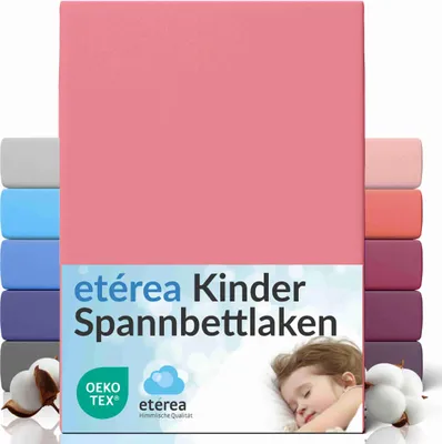 A stack of colorful fitted sheets with a pink sheet prominently displayed at the front, featuring product branding and a sleeping child.