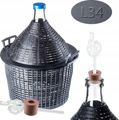 Obrázok produktu pre Sada sklenených karbošov KADAX "Alatri", fermentačný karboš s plastovým košom a fermentačným príslušenstvom, gumová zátka, sklenená fermentačná trubica, fľaša, 34 litrov