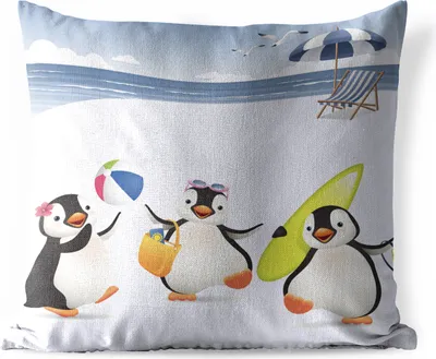 Produktbild von MuchoWow® Outdoor Kissen - Illustration von drei Pinguinen, die am Strand spielen - 40x40 cm - Wetterfest - Lounge Kissen - Kopfkissen - Interieur - Polster mit Bild