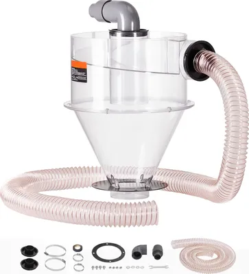 A clear studio shot of a cyclone dust collector with various accessories laid out below it.