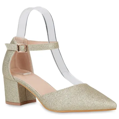 Produktbild von Mytrendshoe Damen Spitze Pumps Glitzer Absatzschuhe Party Schuhe Riemchenpumps 833611, Farbe: Gold, Größe: 36
