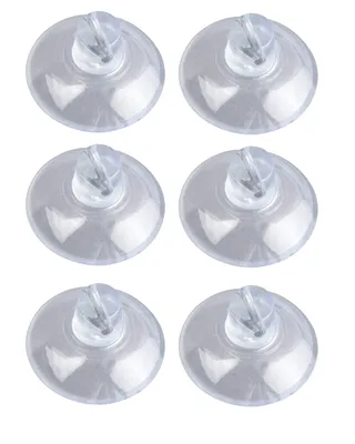 Six clear suction cups with hooks are arranged in two columns and three rows on a white background.