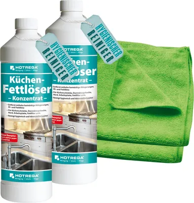 Produktbild von HOTREGA Küchen Fettlöser Konzentrat 2x 1L inkl. 2 Microfasertücher Micro Top, Küchenreiniger, Herdreiniger