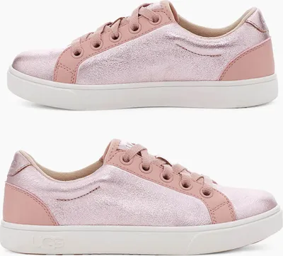 Two views of a pair of pink metallic UGG sneakers against a white background.