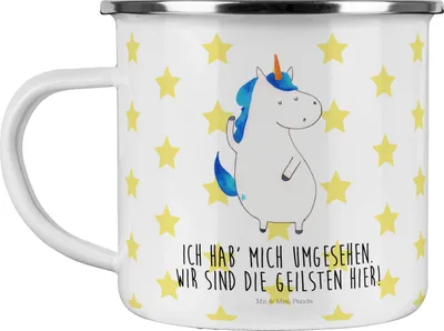 Produktbild von Mr. & Mrs. Panda Reisebecher Einhorn Mann - Weiß - Geschenk, Pott, Emaille Becher, Familie, Haferl, Cool, Unicorn, Freundin, Beste, Einhörner, Teetasse, Campingbecher