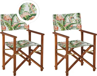 Image de BELIANI Lot de 2 chaises de jardin en bois d'acacia brun foncé avec assise en tissu et housse de rechange à motif flamant rose - chaises de jardin pliantes