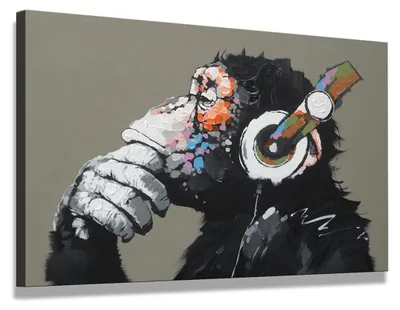 Obrázok produktu pre Obraz na plátne Opica so slúchadlami 3-dielny 80x60 cm