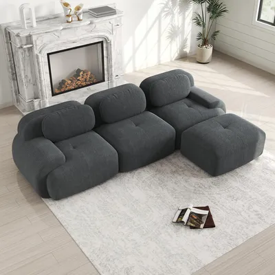 Produktbild von MODFU 3-Sitzer Ecksofa Cord,Modulares Sofa mit Geschwungene Armlehnen und Rutschfeste Unterseite,Rahmenloses Loungesofa mit 1 Ottoman,Grau