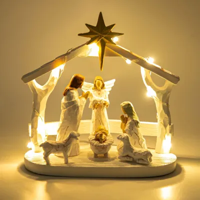 Krippenset mit LED-Lichtern, 7-teilig, Harz, 20x14x7,9 cm