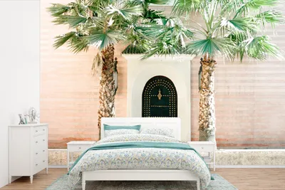 Produktbild von MuchoWow® Fototapete für Wohnzimmer oder Schlafzimmer Wandtapete Vinyl Motivtapete Tür - Marrakesch - Palme - Weiß - Tropisch - 600x400 cm - Vinyltapeten
