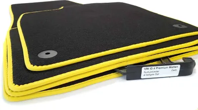 Produktbild von Fußmatten passend für VW ID4 ID.4 Premium Velours Automatten Matten Innenraum Schwarz / Gelb (4er Set)