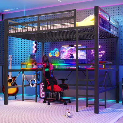 Image de Lit superposé 140 x 200 cm avec bureau, barre de LED changeant de couleur, 1 port USB, 1 port Type-C, 2 prises électriques et panneau perforé, sans matelas, couleur noire, en fer/MDF