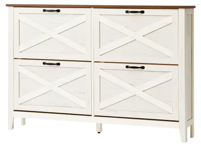 Zdjęcie produktu dla Szafka na buty z 4 drzwiczkami, wąska, wolnostojąca półka na buty | Biały | 127x24x86,8 cm