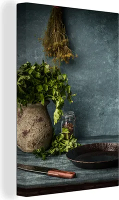 Produktbild von OneMillionCanvasses® - Leinwandbilder - 90x140 cm, Kräuter - Gewürze - Pfanne - Messer - Grau - Rustikal, Wandbilder Kunstdruck Wanddekoration - Foto auf Leinwand - Gemälde auf - Wandschmucke - Schlafzimmer