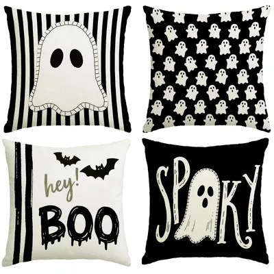 4 Halloween-Kissenbezüge 18×18 Zoll, schwarz-weiß, Spuk-Motive