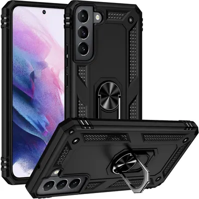 A black protective phone case with a ring holder, shown from multiple angles.