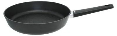 A black frying pan shown from a slightly elevated side angle against a white background.
